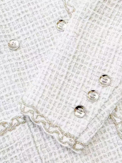 Chanel 25C White Four-Pocket Double-Breasted Jacket with Gold-Thread Piping