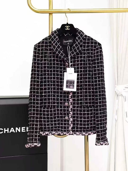 Chanel 23K Black Powder Check Lapel Long-Sleeve Tweed Jacket