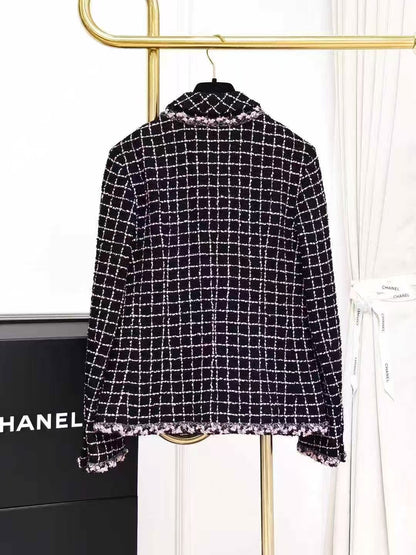 Chanel 23K Black Powder Check Lapel Long-Sleeve Tweed Jacket
