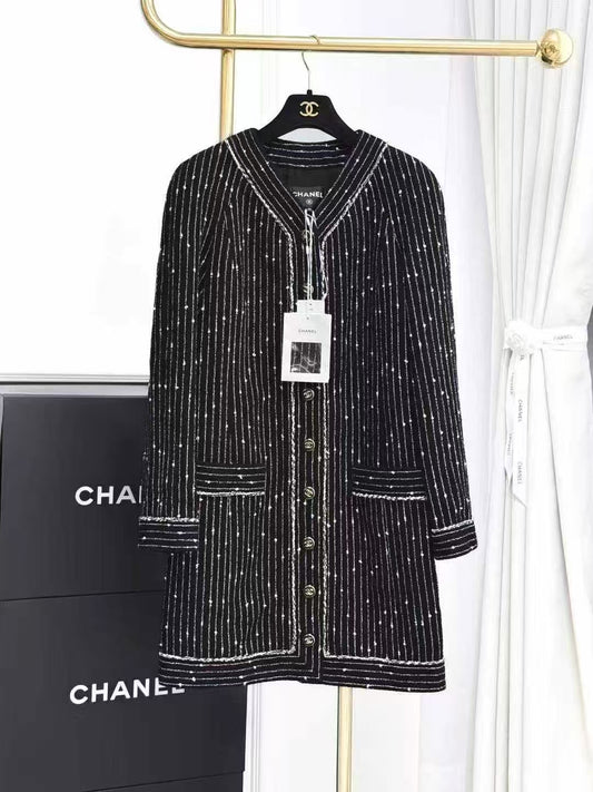 Chanel 23P Black and Pink Striped Mid-Length Coat
