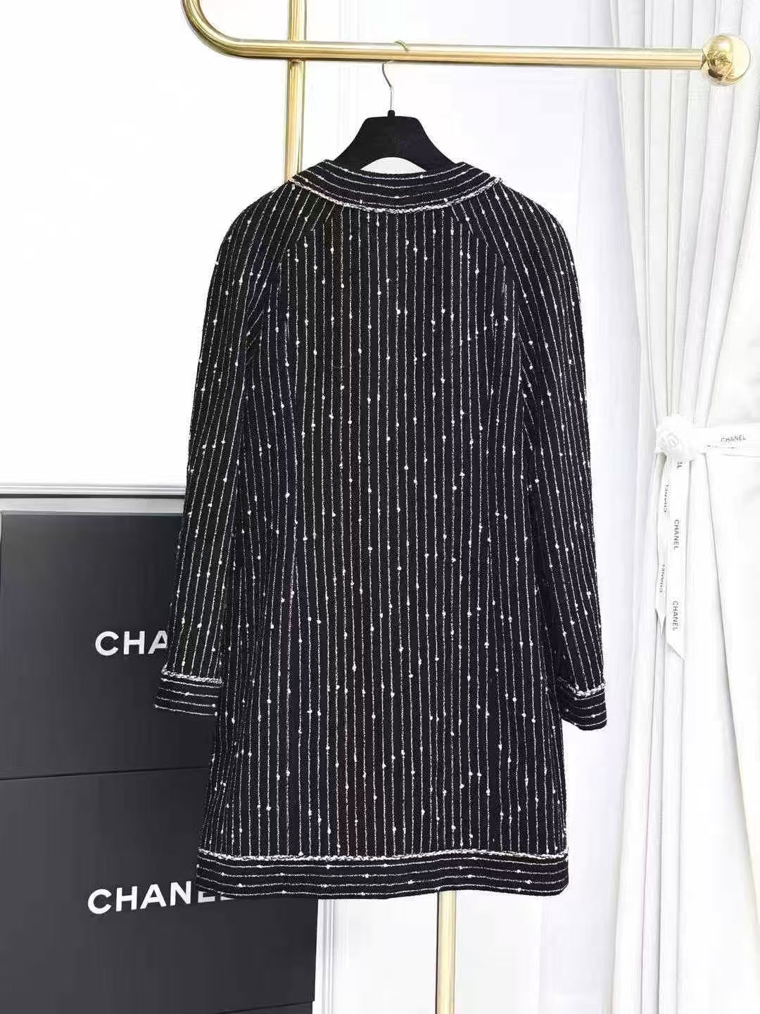 Chanel 23P Black and Pink Striped Mid-Length Coat