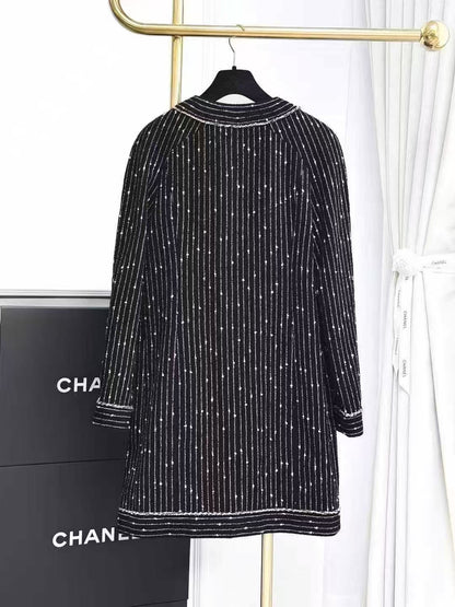 Chanel 23P Black and Pink Striped Mid-Length Coat