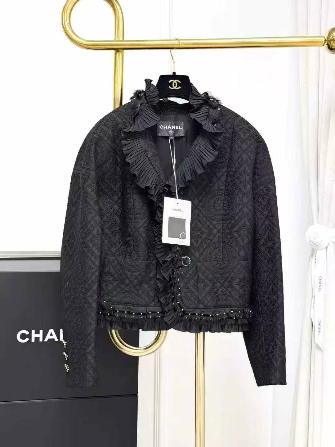 Chanel 21A Château Collection Black Beaded Wooden Ear Flap Coat