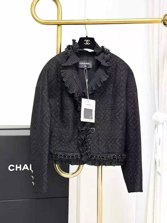 Chanel 21A Château Collection Black Beaded Wooden Ear Flap Coat
