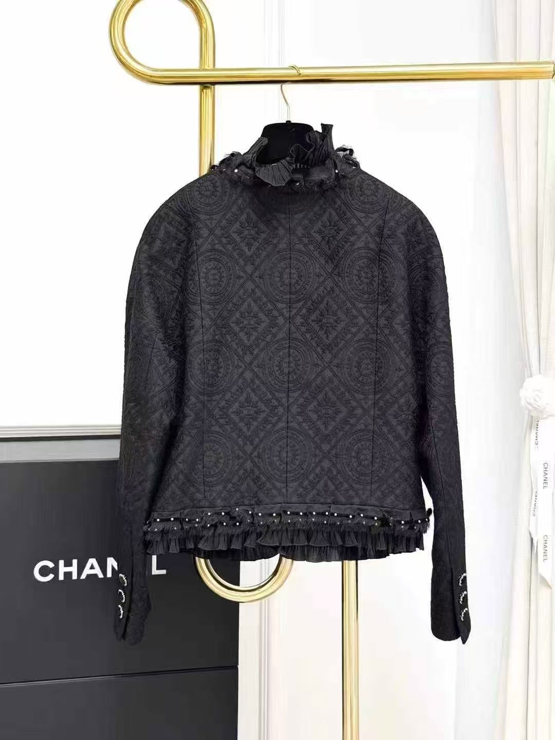 Chanel 21A Château Collection Black Beaded Wooden Ear Flap Coat