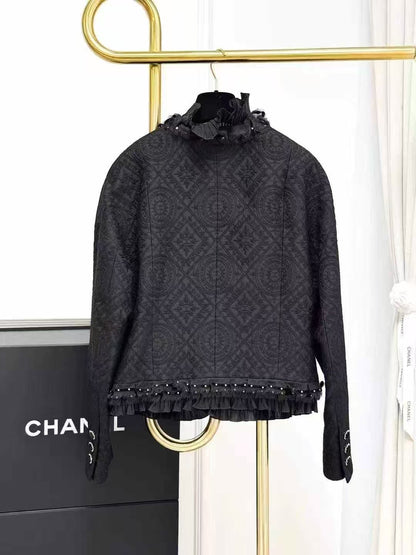 Chanel 21A Château Collection Black Beaded Wooden Ear Flap Coat