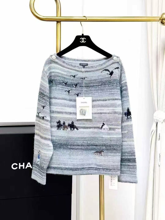 Chanel 24K Gray Melange Striped Embroidered Off-the-Shoulder Knit Top