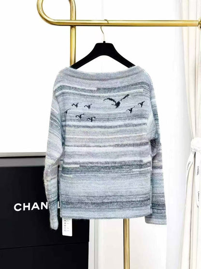 Chanel 24K Gray Melange Striped Embroidered Off-the-Shoulder Knit Top
