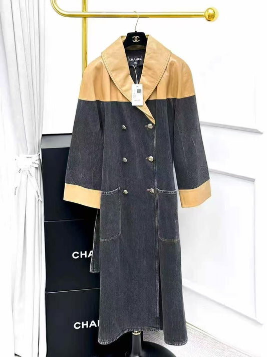 Chanel Snow Collection Gray Denim Patchwork Leather Long Coat