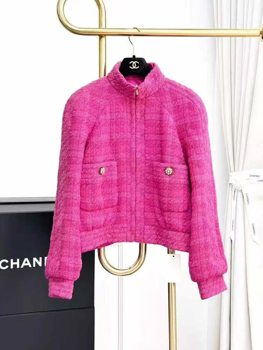 Chanel Snow Collection Rose Pink Stand Collar Long Sleeve Jacket