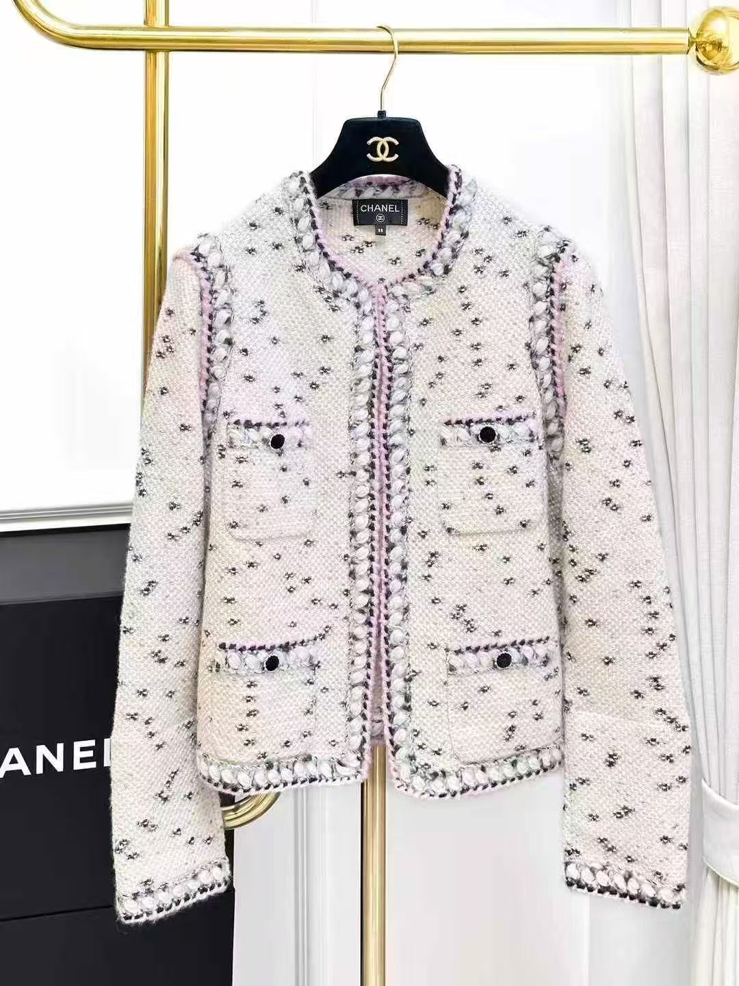 Chanel Château Collection Cream and Black-Pink Melange Cowl Neck Cardigan