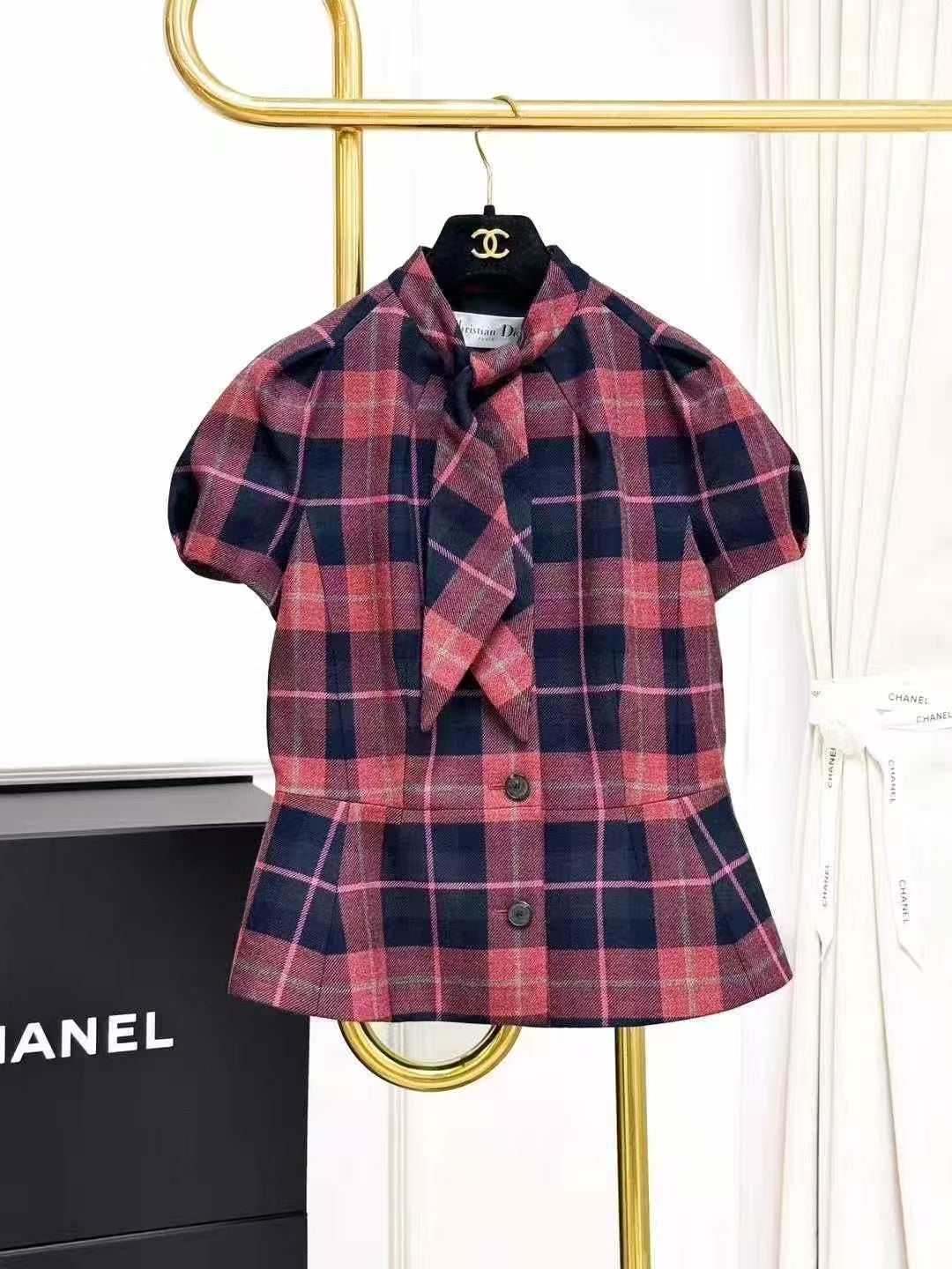 Dior Red and Blue Checkered British-Style Puff Sleeve Tie-Front Blouse