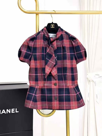 Dior Red and Blue Checkered British-Style Puff Sleeve Tie-Front Blouse