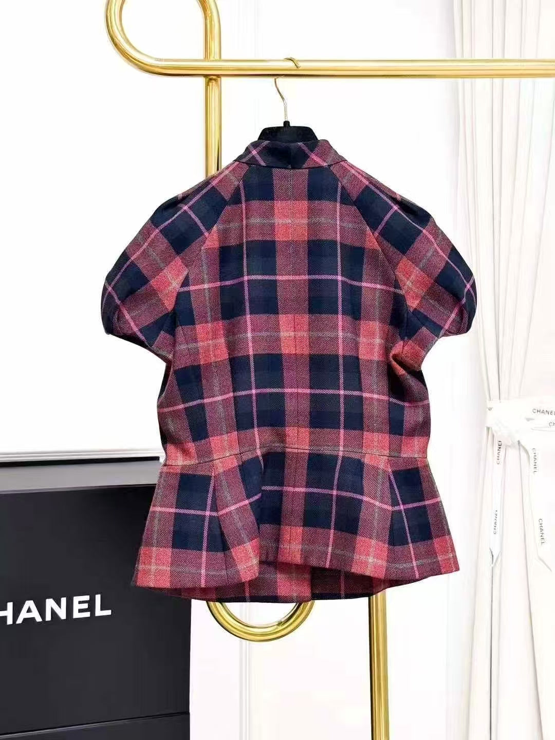 Dior Red and Blue Checkered British-Style Puff Sleeve Tie-Front Blouse