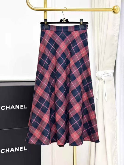 Dior Red and Blue Checkered British-Style Skirt, Long Skirt