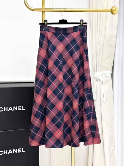 Dior Red and Blue Checkered British-Style Skirt, Long Skirt