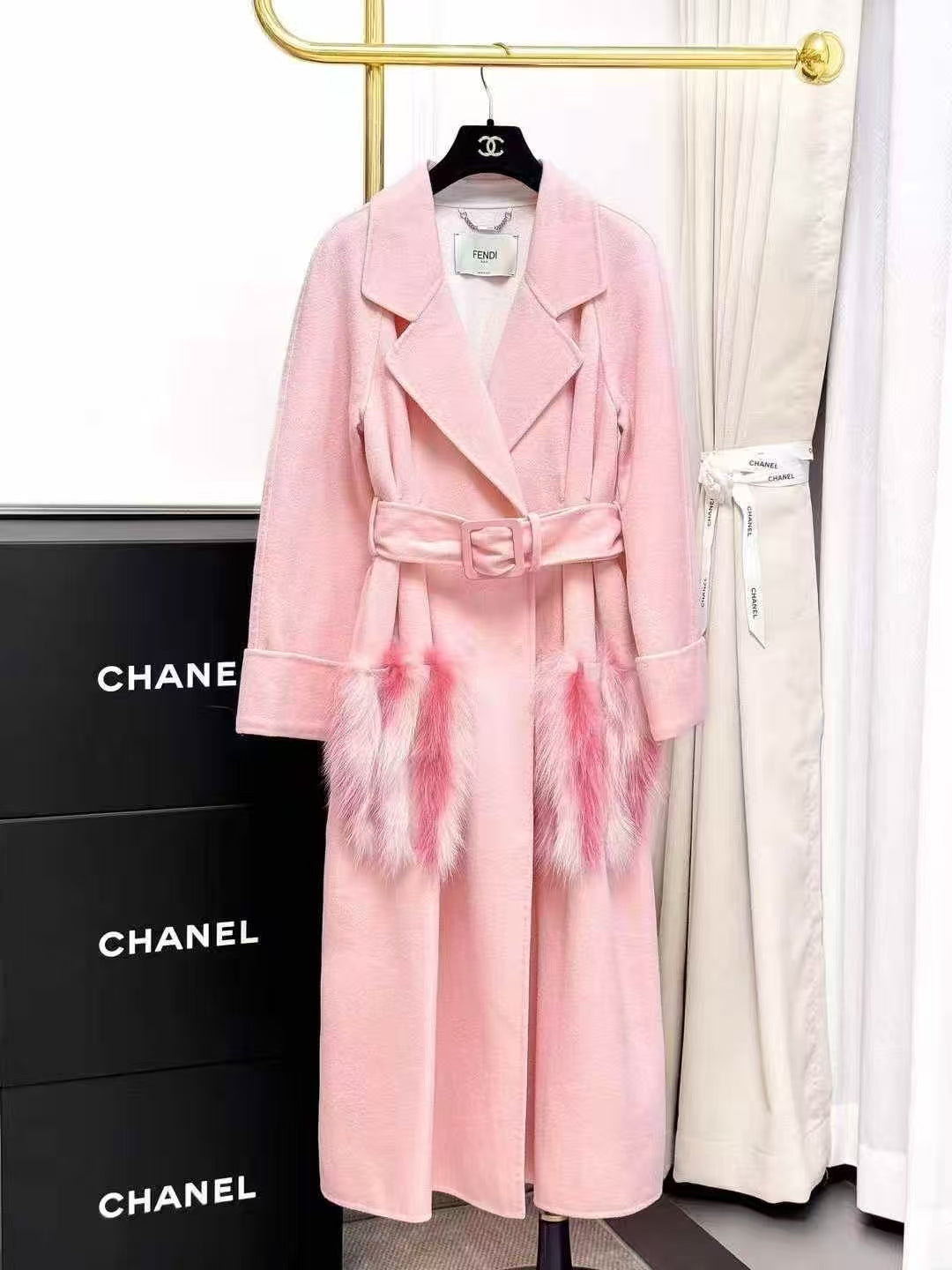 Fendi Pink Fox Fur Pocket Long Coat