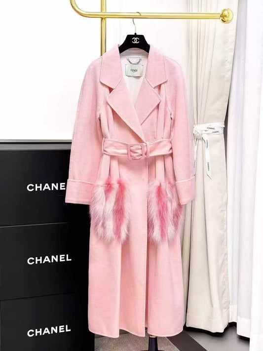 Fendi Pink Fox Fur Pocket Long Coat