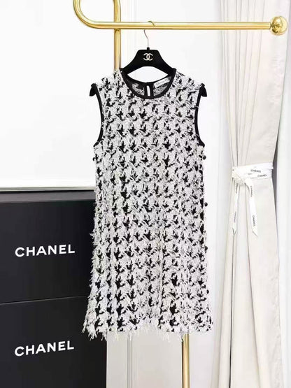 Dior Black and White Ombré 3D Fringe Sleeveless Dress
