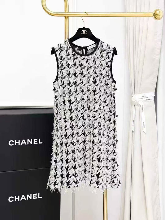 Dior Black and White Ombré 3D Fringe Sleeveless Dress