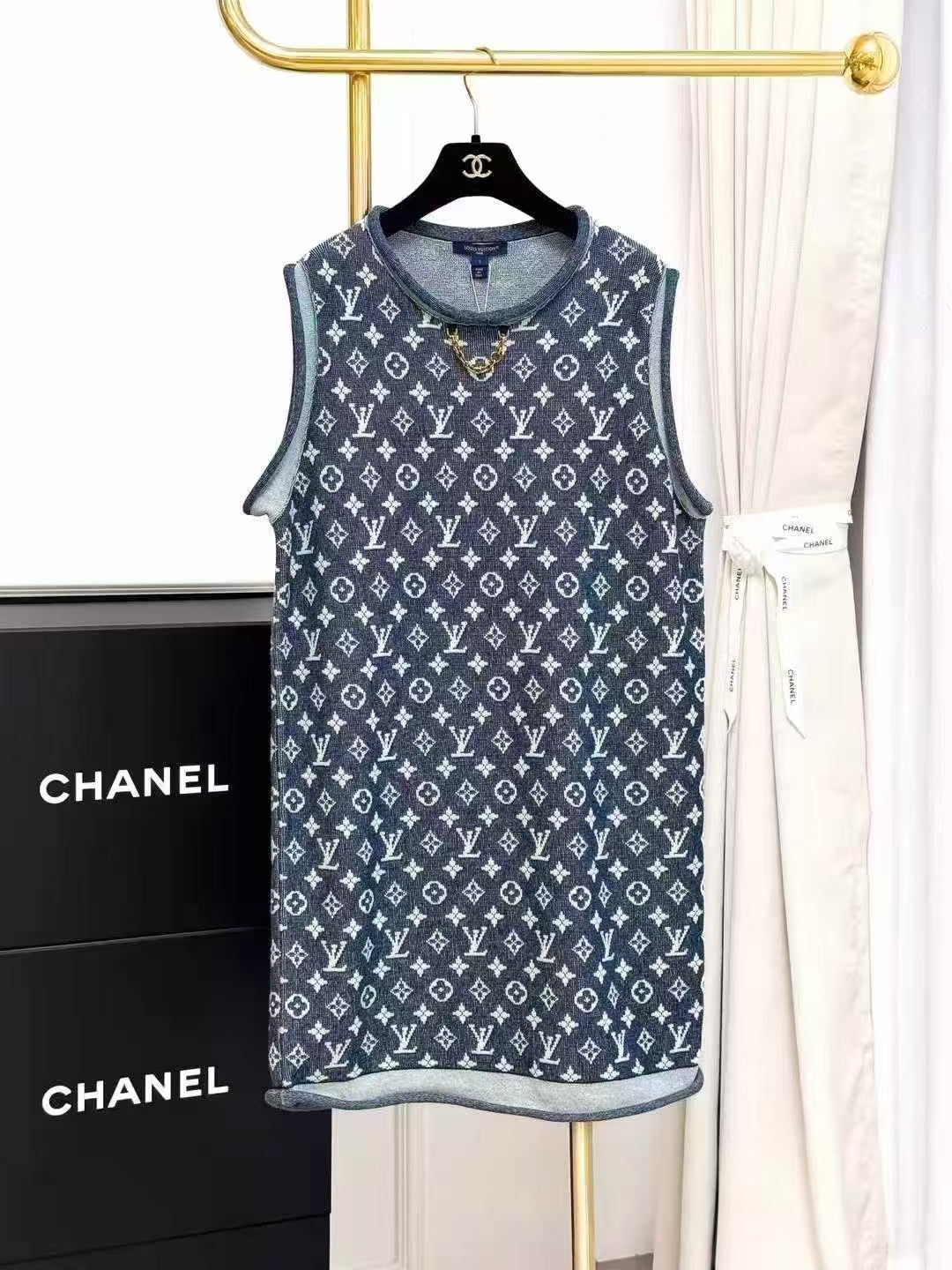 LV Blue Monogram Allover Print Rolled Sleeveless Dress