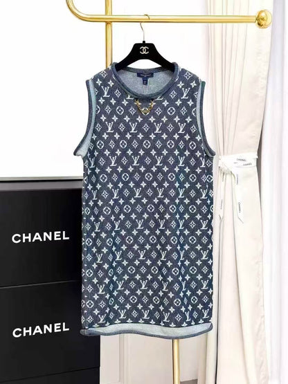 LV Blue Monogram Allover Print Rolled Sleeveless Dress
