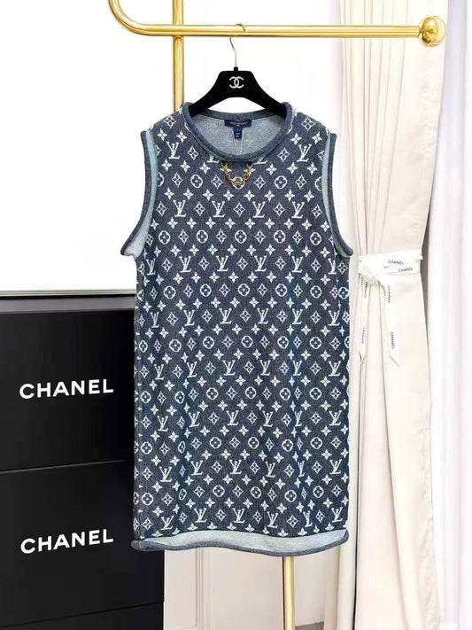 LV Blue Monogram Allover Print Rolled Sleeveless Dress