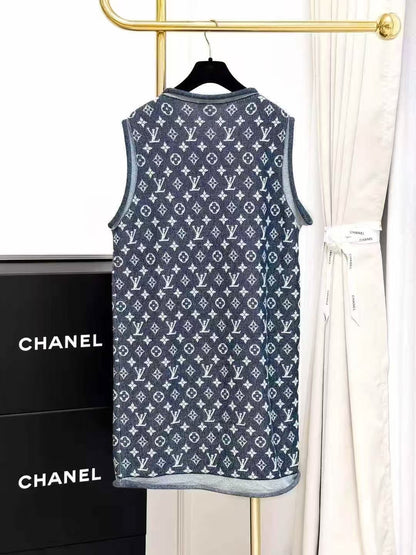 LV Blue Monogram Allover Print Rolled Sleeveless Dress