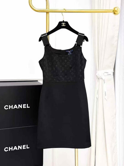 LV Black Monogram Allover Print Patchwork Sleeveless Dress