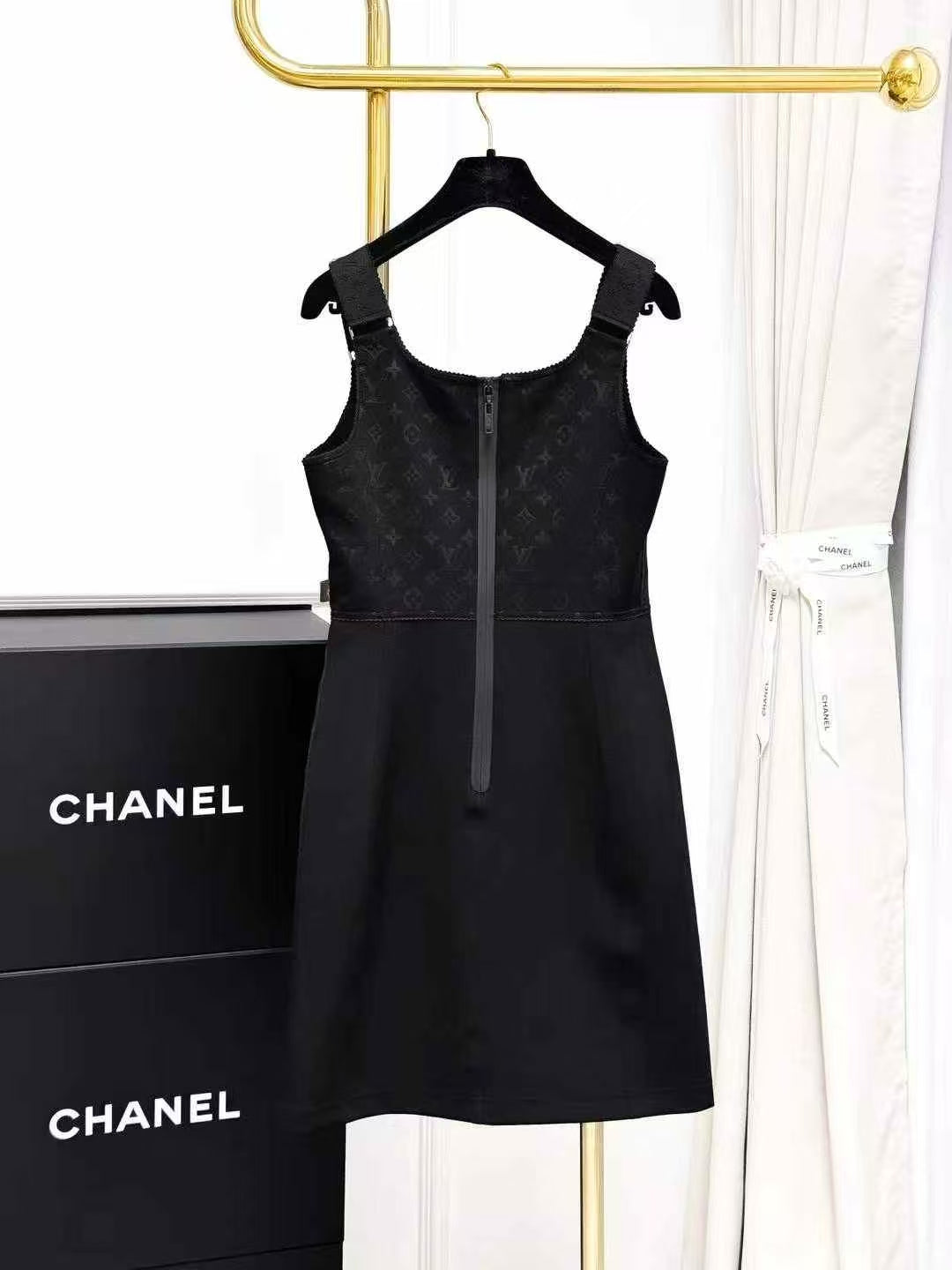 LV Black Monogram Allover Print Patchwork Sleeveless Dress