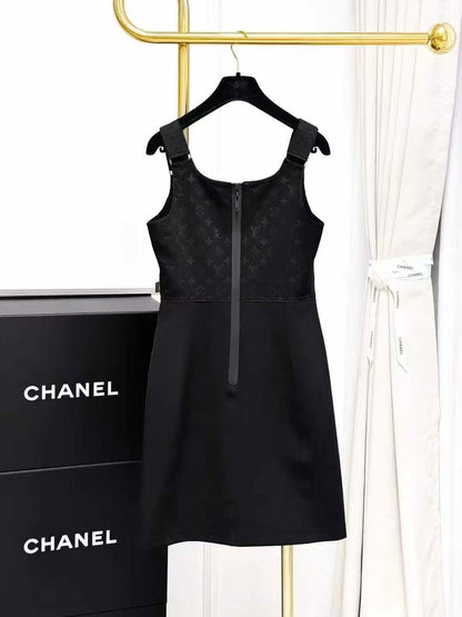 LV Black Monogram Allover Print Patchwork Sleeveless Dress