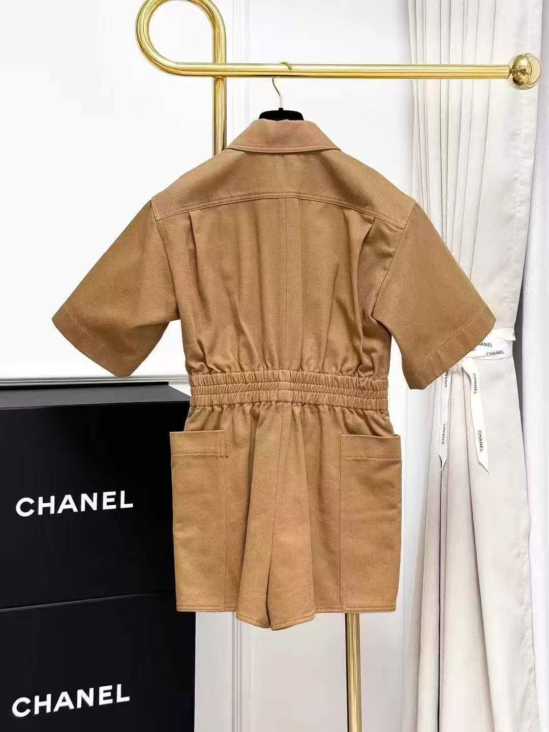 Max Mara Khaki Collared Short-Sleeve Elastic Waist Jumpsuit