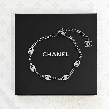 Chanel 21A Black Gunmetal Double C Diamond-Studded Choker Necklace