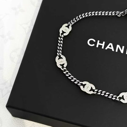Chanel 21A Black Gunmetal Double C Diamond-Studded Choker Necklace