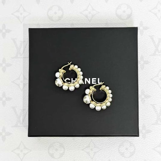 Chanel 22S Pearl and Crystal Round Stud Earrings