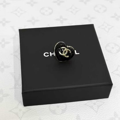 Chanel 22K Black Heart-Shaped Acrylic Double C Brooch with Diamond Quilting