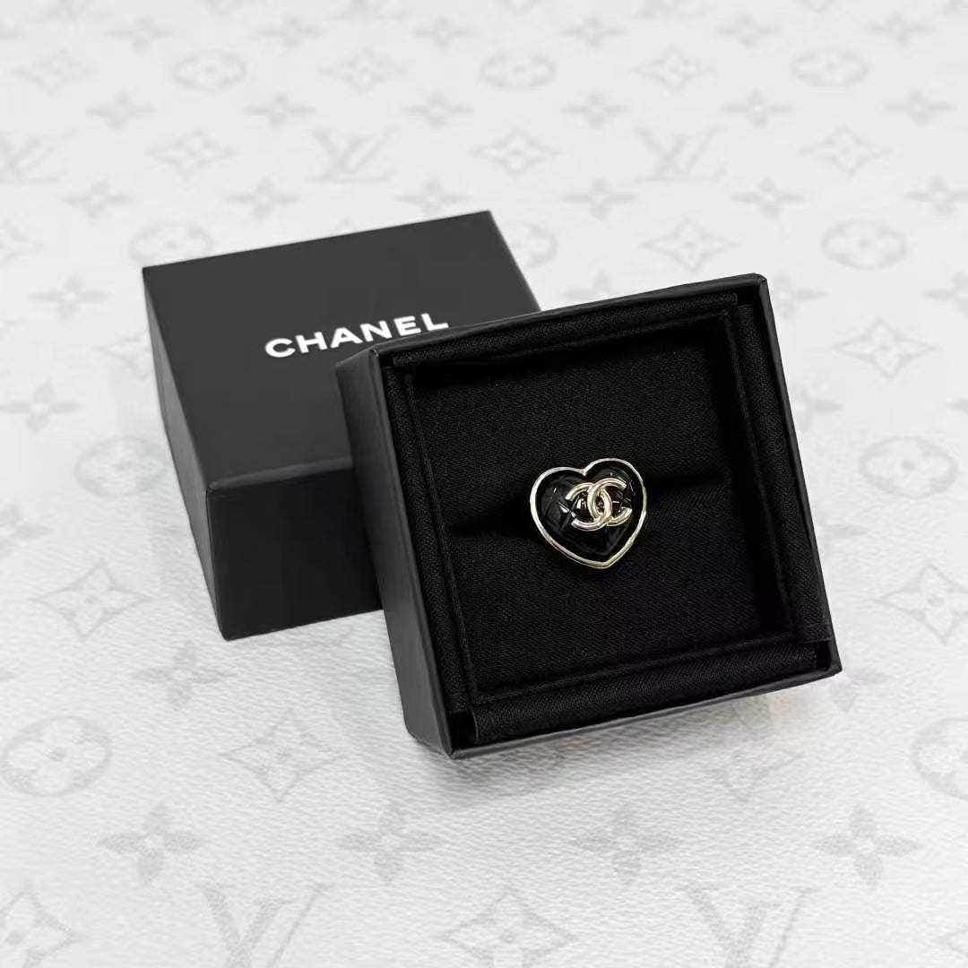 Chanel 22K Black Diamond Quilted Heart Acrylic Double C Ring