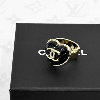 Chanel 22K Black Diamond Quilted Heart Acrylic Double C Ring