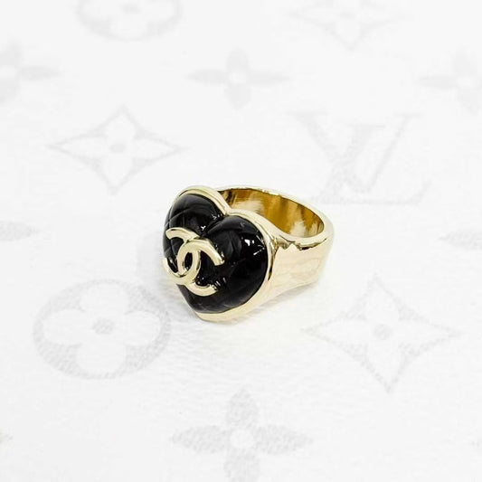 Chanel 22K Black Diamond Quilted Heart Acrylic Double C Ring