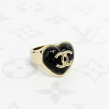 Chanel 22K Black Diamond Quilted Heart Acrylic Double C Ring