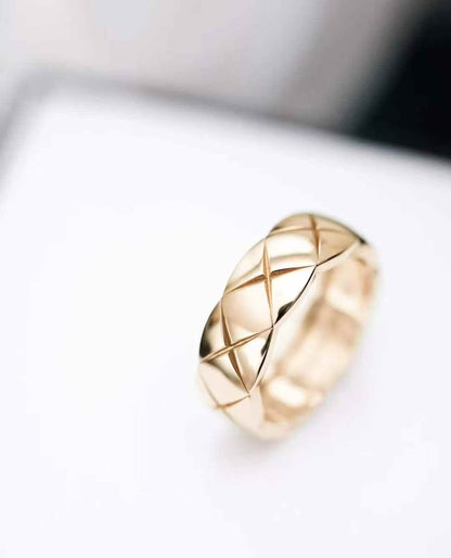 Chanel Coco Crush Pearl Gold Diamond Quilted Wide Band Ring