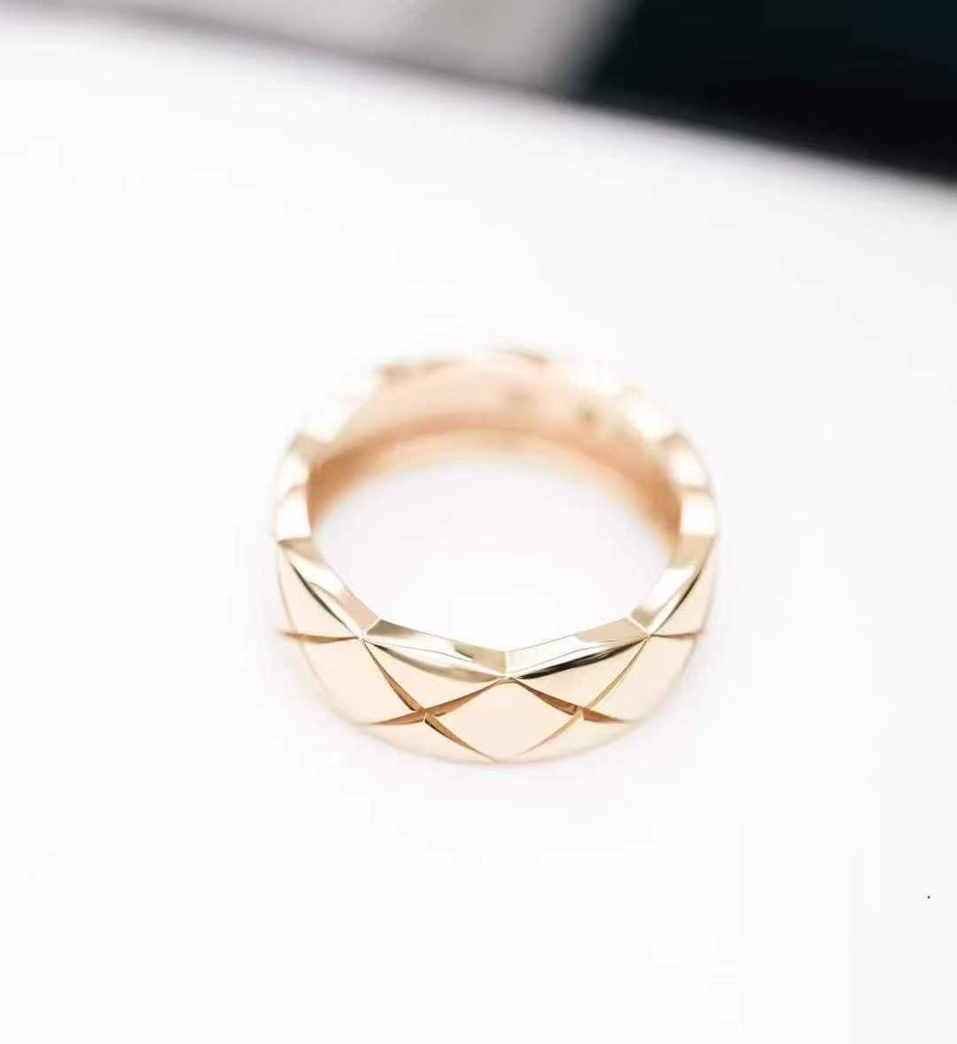 Chanel Coco Crush Pearl Gold Diamond Quilted Wide Band Ring