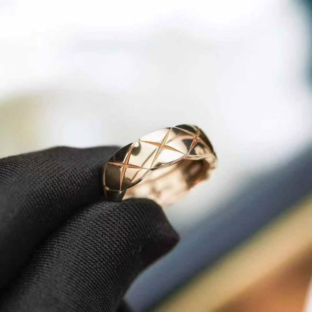 Chanel Coco Crush Pearl Gold Diamond Quilted Wide Band Ring