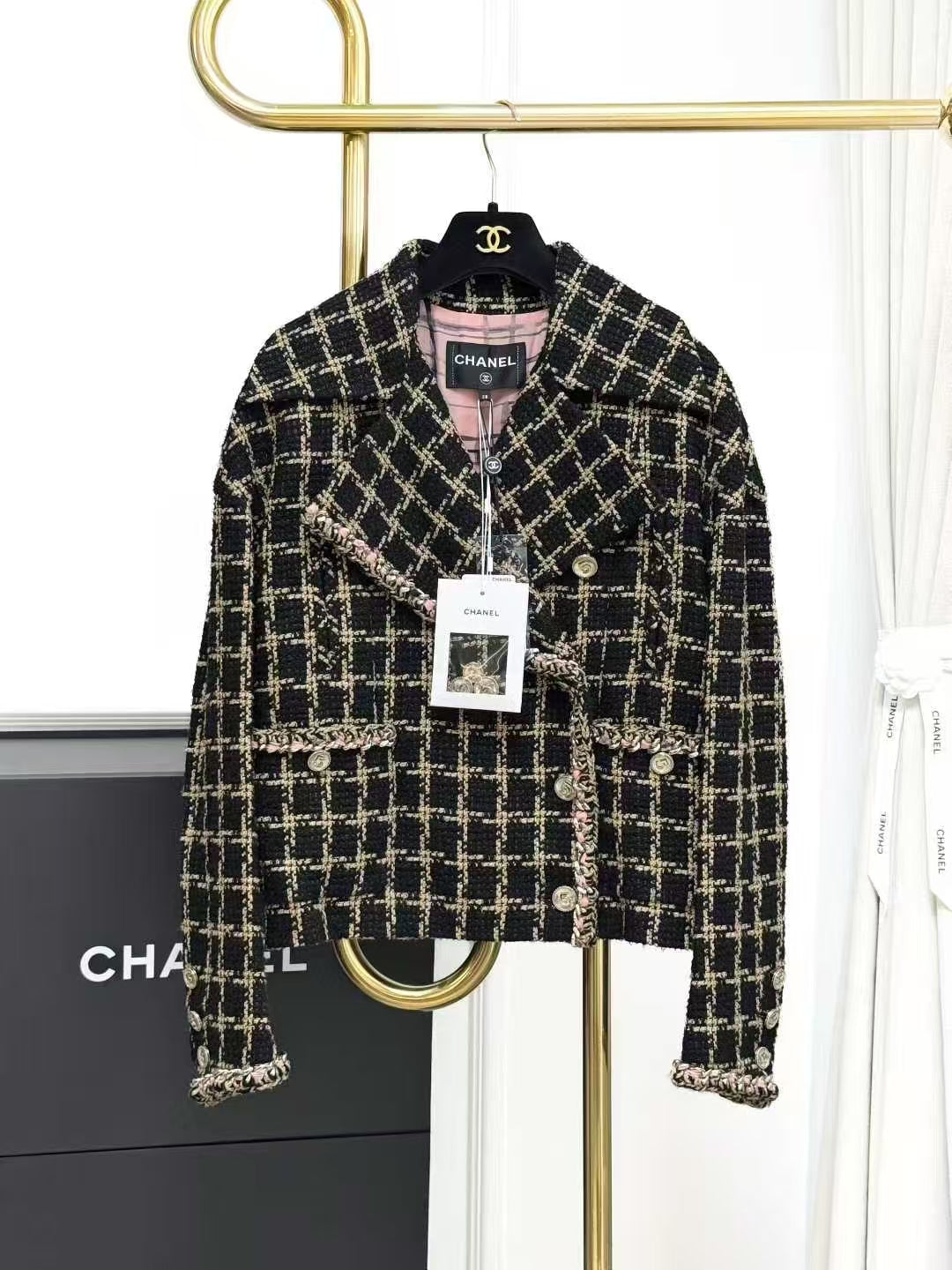 Chanel Spring/Summer 2021 Black Mixed-Color Checkered Lapel Jacket
