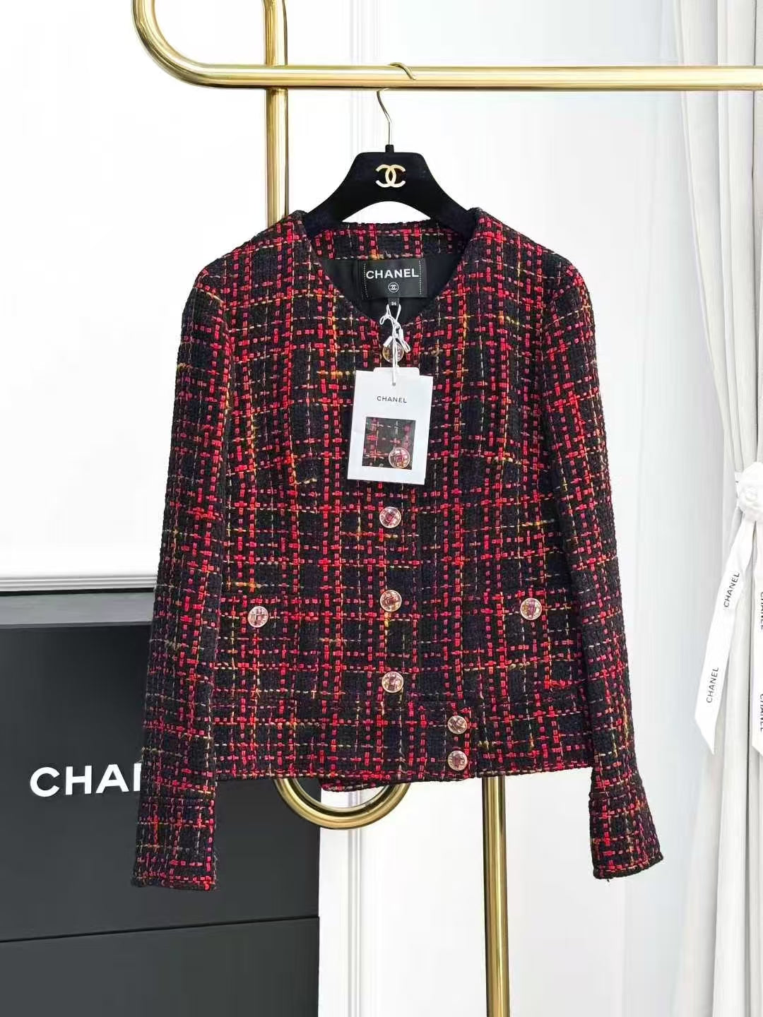 Chanel 22k Red and Black Check Tartan Round-Neck Coat