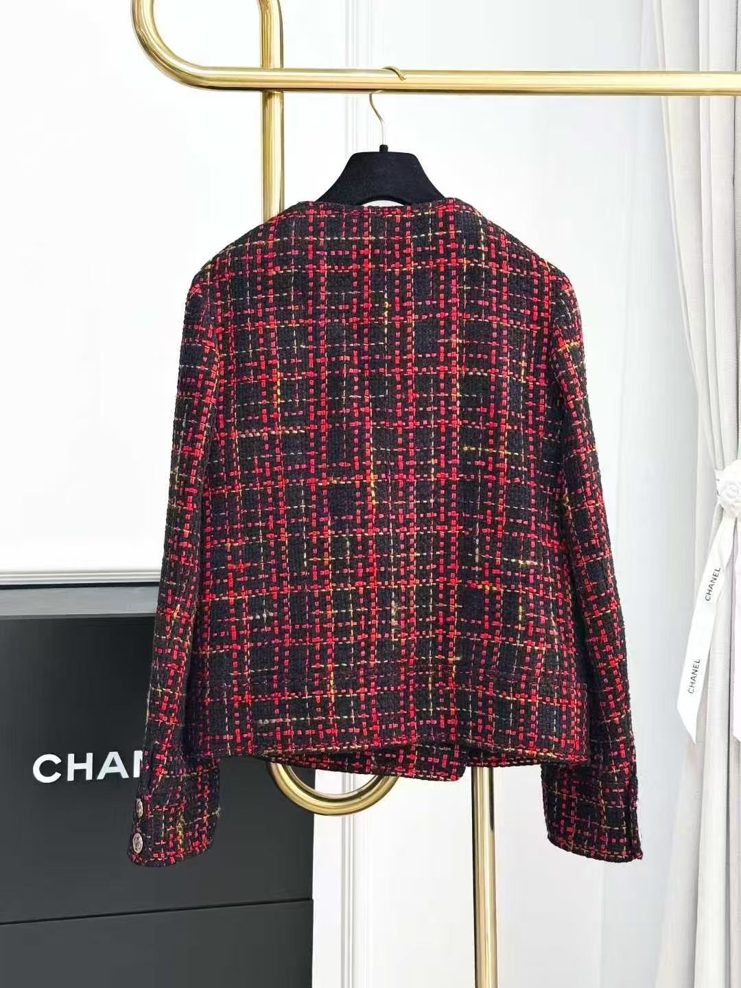 Chanel 22k Red and Black Check Tartan Round-Neck Coat