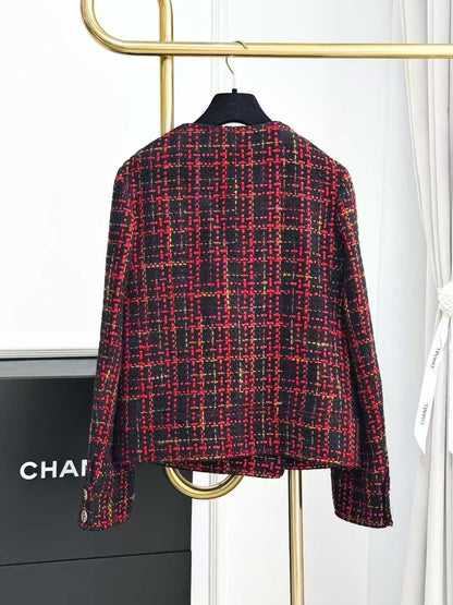 Chanel 22k Red and Black Check Tartan Round-Neck Coat