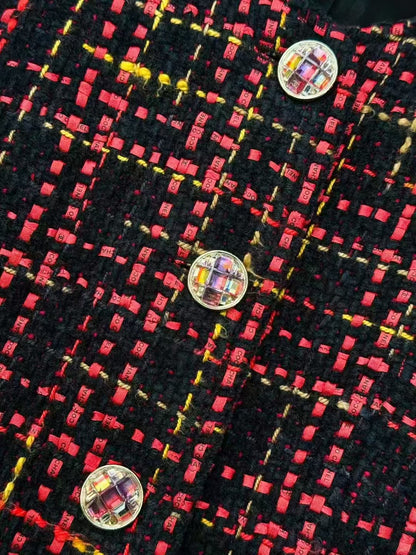 Chanel 22k Red and Black Check Tartan Round-Neck Coat