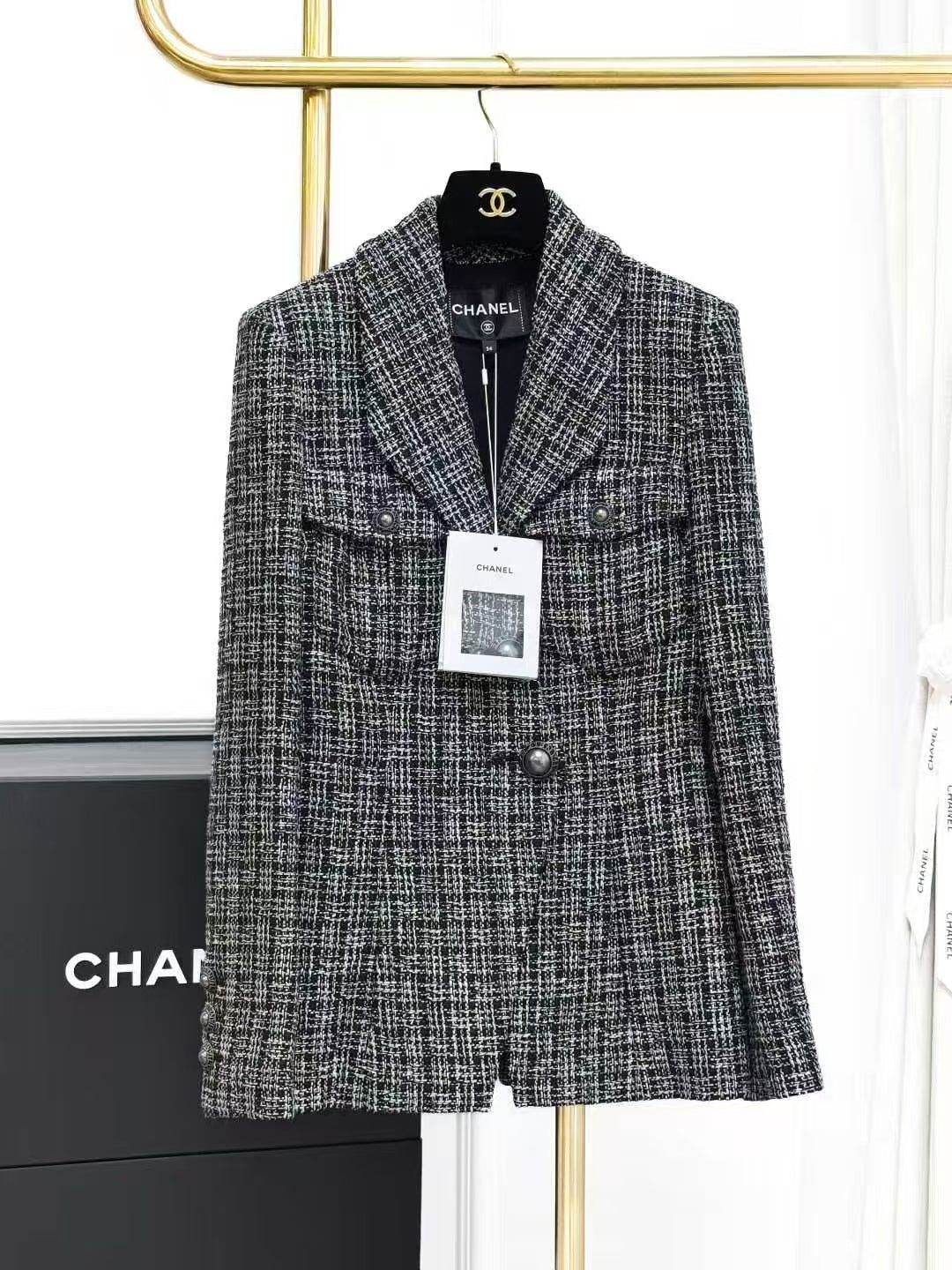 Chanel 19P Gray Checkered Suit Collar Tweed Knit Jacket
