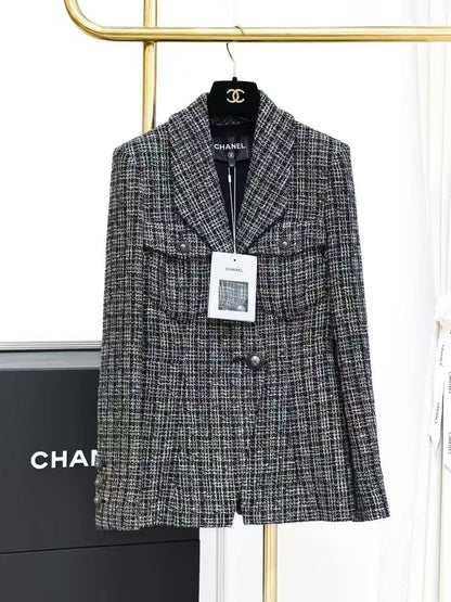 Chanel 19P Gray Checkered Suit Collar Tweed Knit Jacket